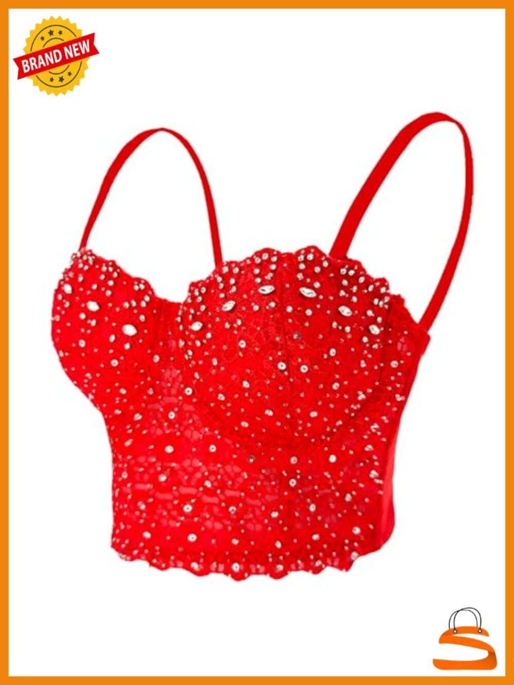 Lace Rhinestone Bustier Crop Top Sexy Mesh Corset Top Red